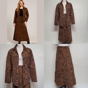 Robert Louis Vintage 90s Brown Patchwork Aztec Print Suede Leather Jacket Skirt
